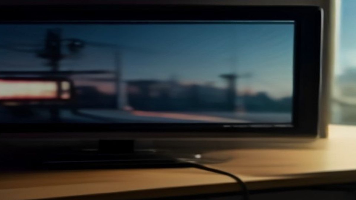 Controle remoto com botão de retroceder em destaque em frente a uma TV com barra de progresso