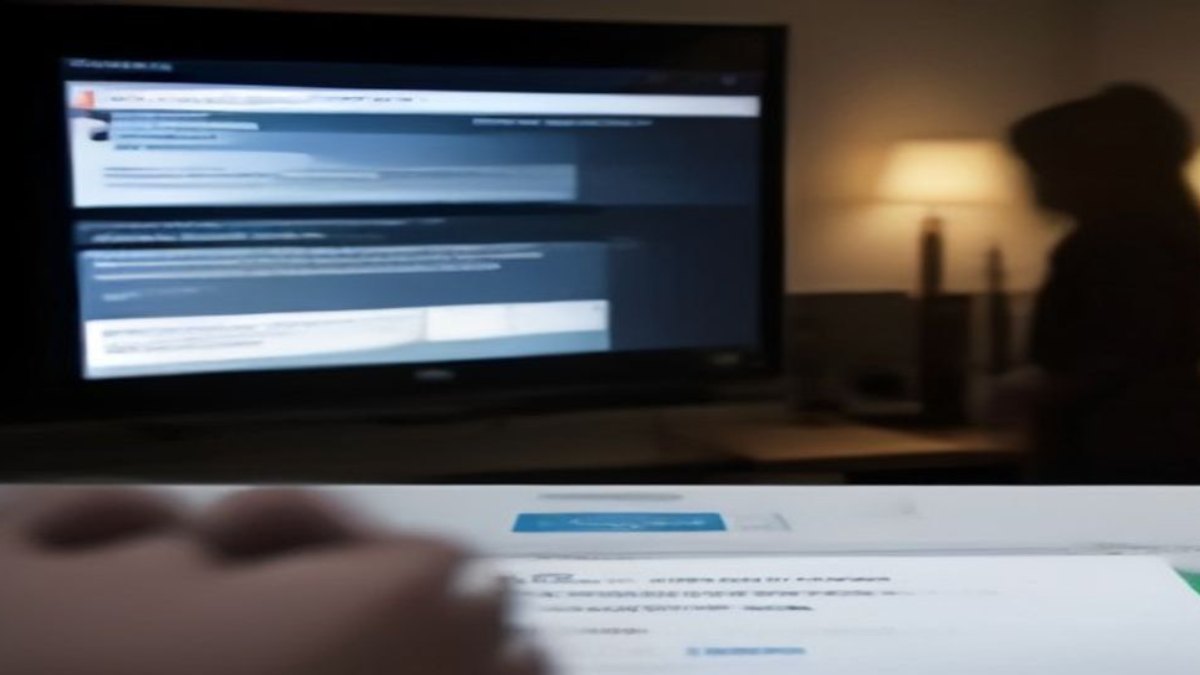 Tela de TV com mensagem de erro de conexão e uma pessoa segurando o celular para verificar as credenciais