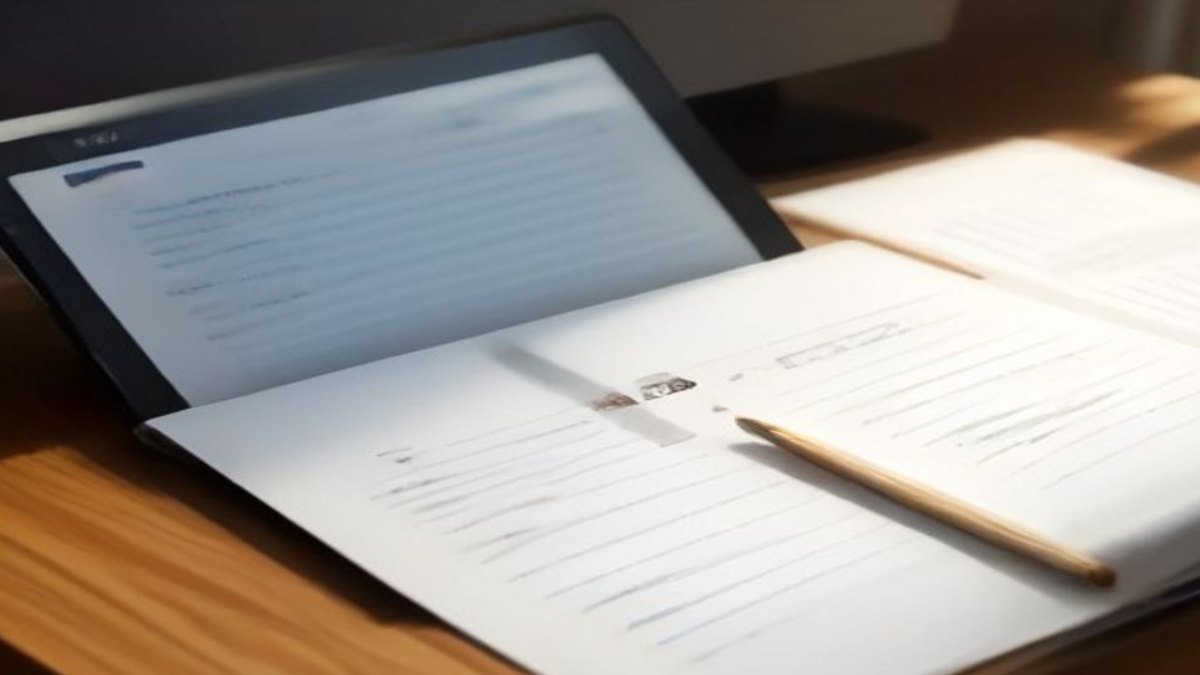 Livro aberto e tablet com termos técnicos sobre uma mesa ao lado de um controle remoto