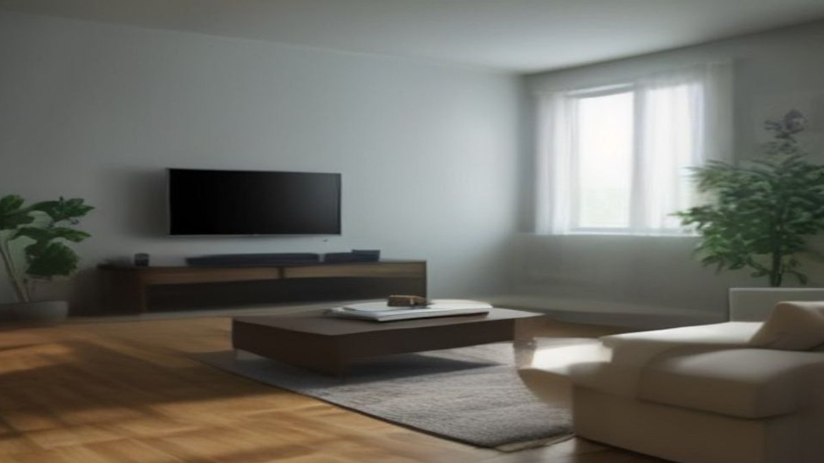 TV com sistema Android TV exibindo aplicativo de IPTV com grade de programação em uma sala iluminada