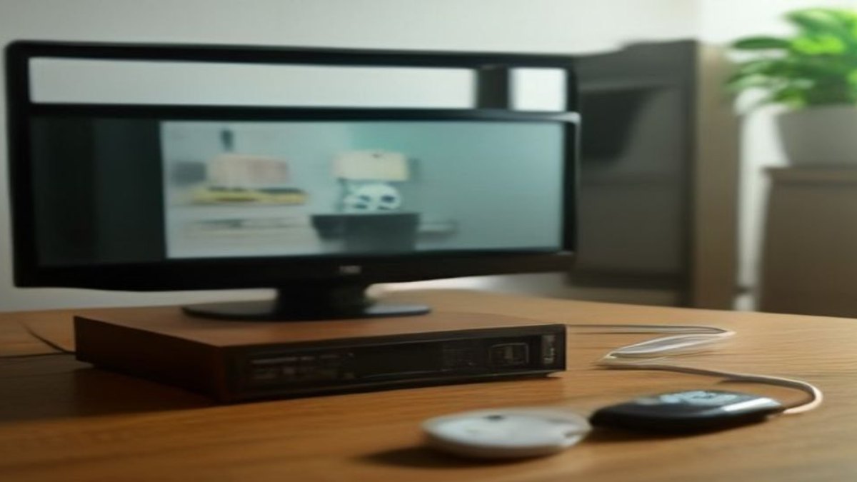 Chromecast com Google TV e controle remoto sobre uma mesa, com TV ao fundo exibindo canais