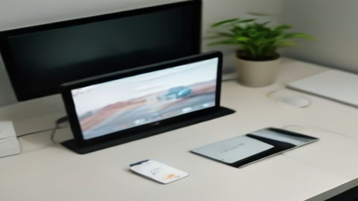 iPhone e iPad exibindo aplicativo de IPTV com lista de canais, sobre uma mesa clara