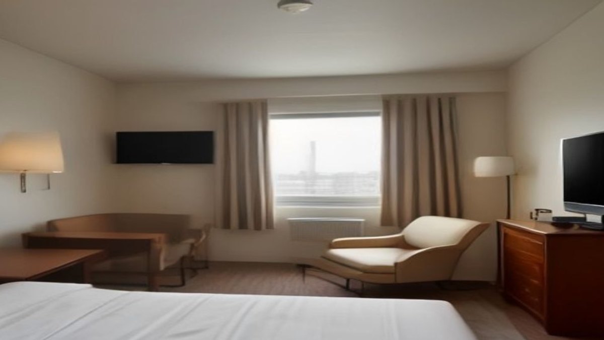 Quarto de hotel moderno com TV na parede exibindo menu de canais