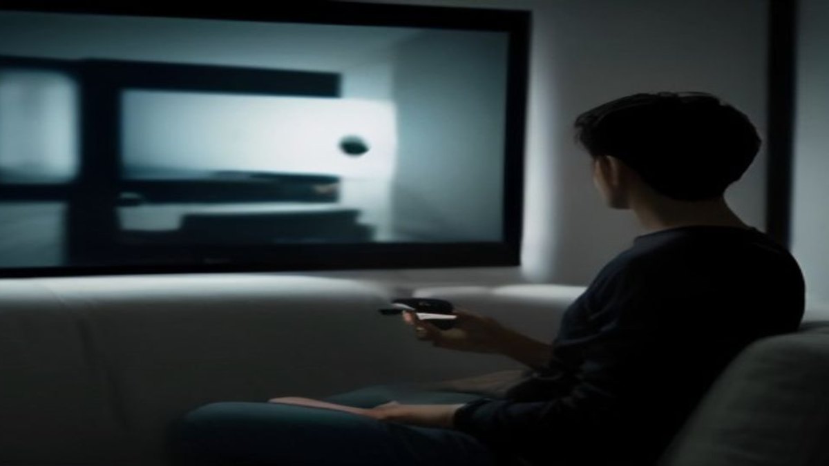 Pessoa no sofá com controle remoto olhando para uma TV com ícone de carregamento