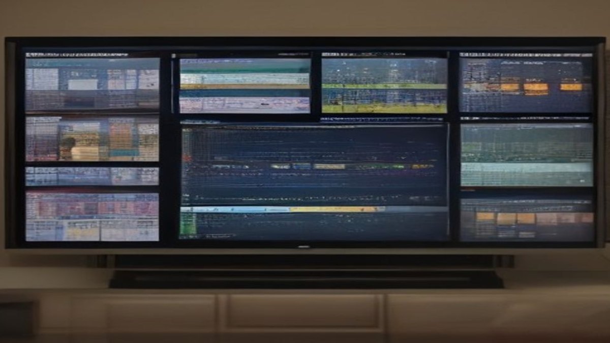 Guia de programação em grade exibido em uma TV com horários e programas
