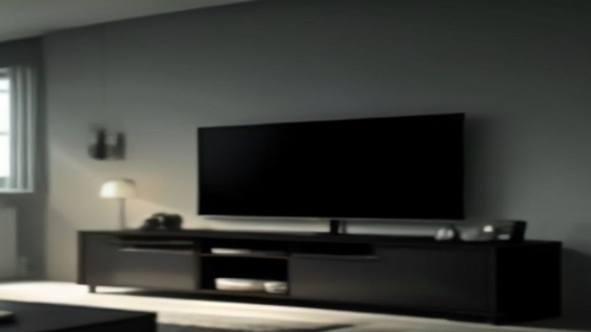TV com tela escura e ícone de alto-falante mudo, controle remoto apontado